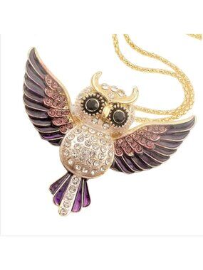 Betsey Johnson Purple Crystal Owl Pendant Necklace Gold Tone